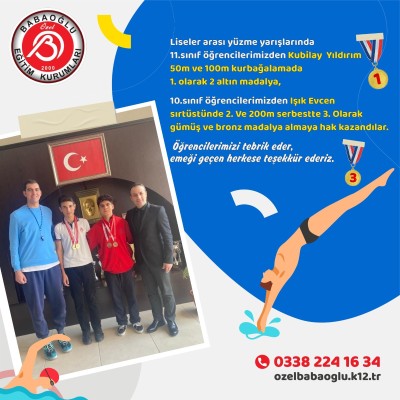 LİSELER ARASI YÜZME YARIŞMASINDA 2 ALTIN TOPLAM 4 MADALYA