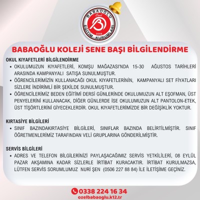 BABAOĞLU KOLEJİ SENE BAŞI BİLGİLENDİRME