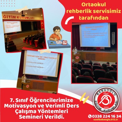 ORTAOKUL REHBERLİK SERVİSİMİZ TARAFINDAN 7. SINIF ÖĞRENCİLERİMİZE SEMİNER VERİLDİ